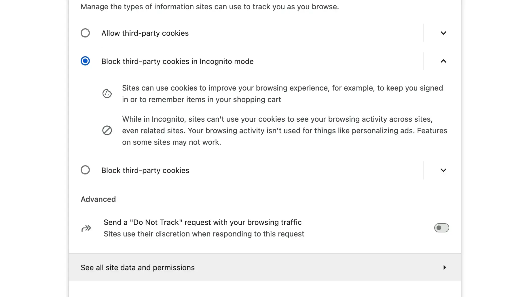 Chrome privacy settings with See all site data and permissions highlighted