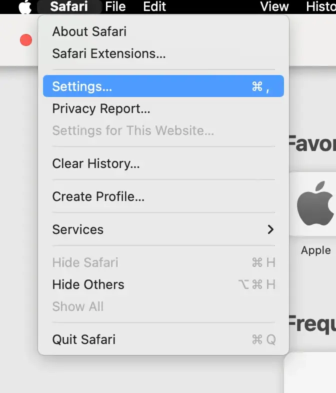 Safari dropdown menu with Settings highlighted