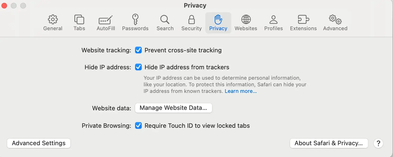 Safari privacy settings with Manage Website Data button