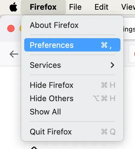 Firefox dropdown menu with Preferences highlighted
