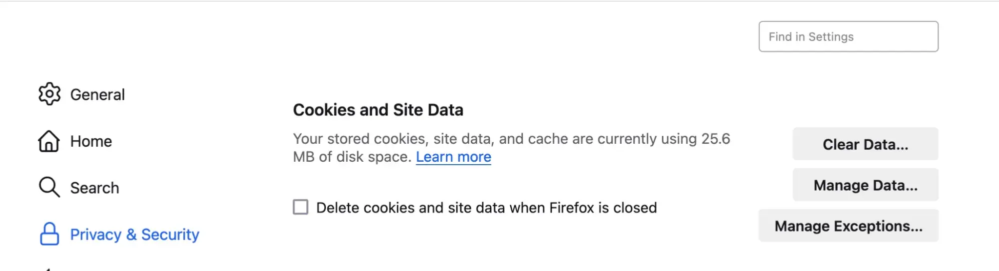 Firefox Cookies and Site Data settings with Manage Data button