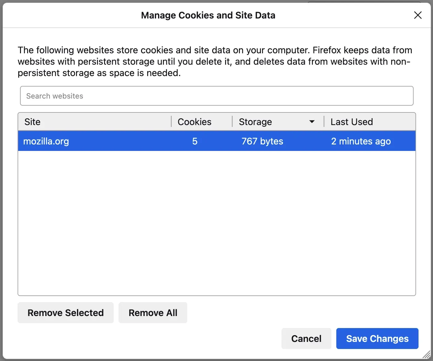 Firefox settings with mozilla.org highlighted and a Remove Selected button underneath it