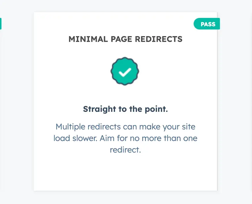 A successful report from Website Grader that says minimal page redirects with a green check mark