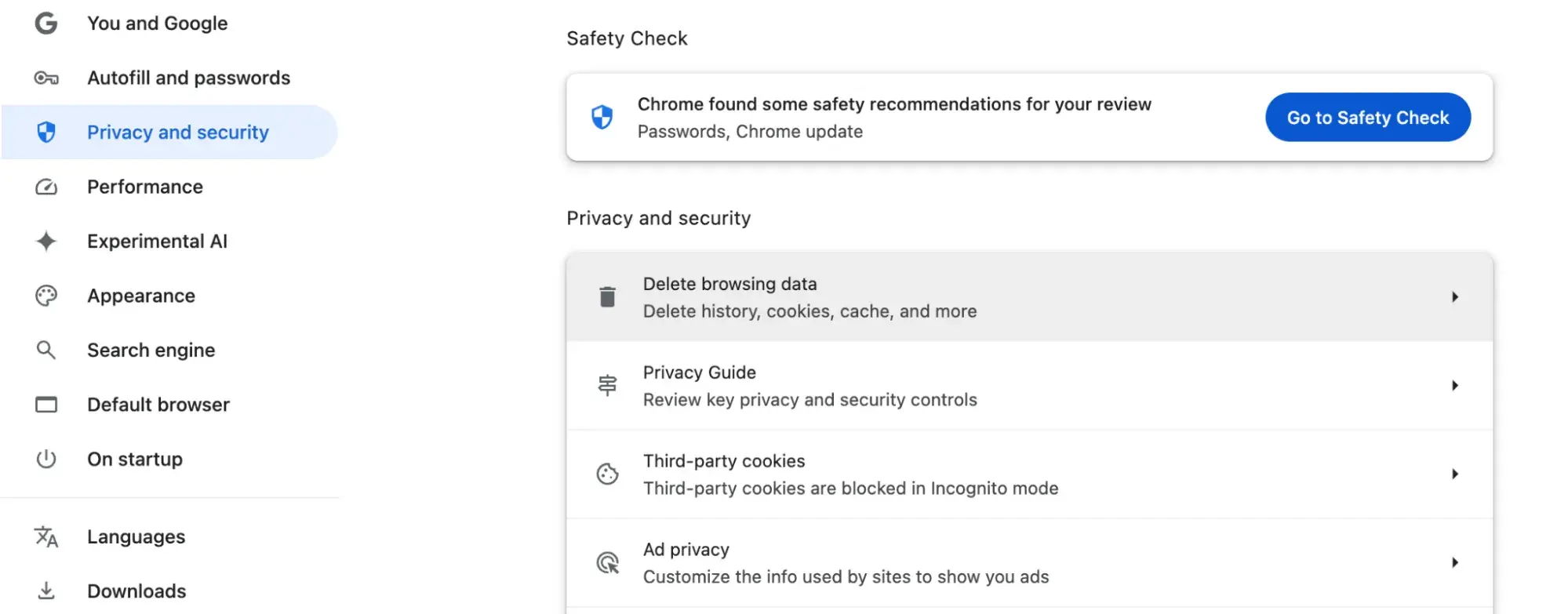Chrome privacy and security settings with Delete browsing data highlighted