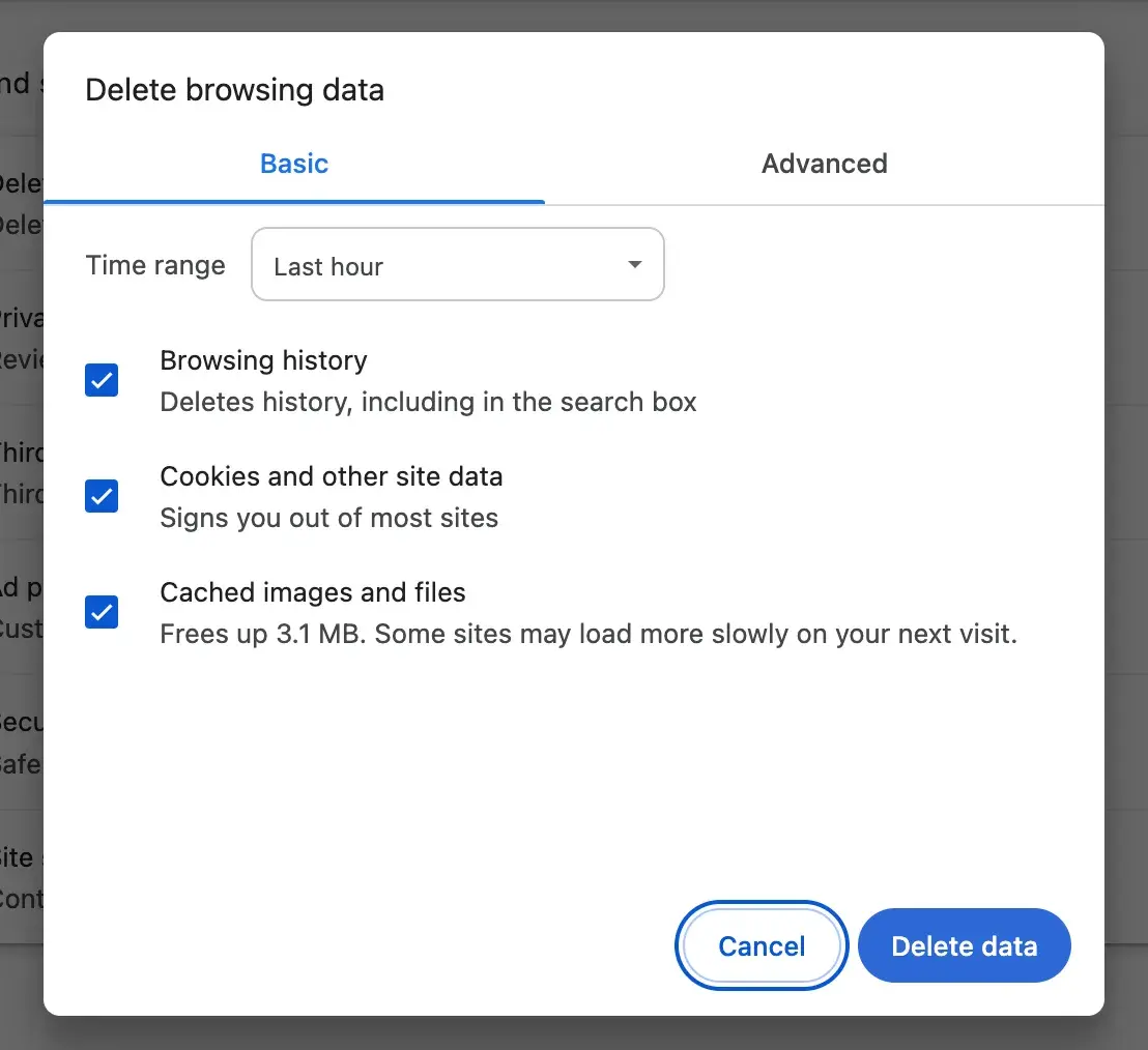 Chrome settings with time range of Last hour and Delete data button