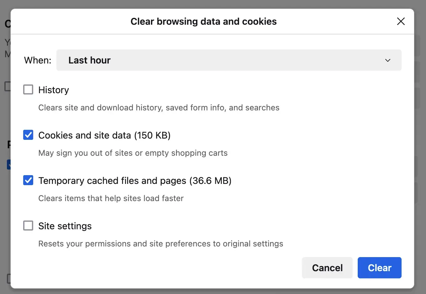 Firefox settings where Cookies and site data and Temporary cached files and pages are both checked, with a Clear button underneath