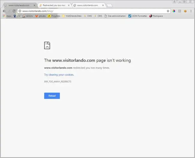 A chrome too many redirects error that states, The www.visitorlando.com page isnt working