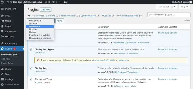 WordPress dashboard with all plugins selected and a dropdown menu with Deactivate highlighted