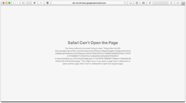 A Safari too many redirects error that states, Safari cant open the page