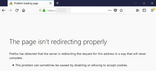 A Firefox too many redirects error that states, The page isnt redirecting properly
