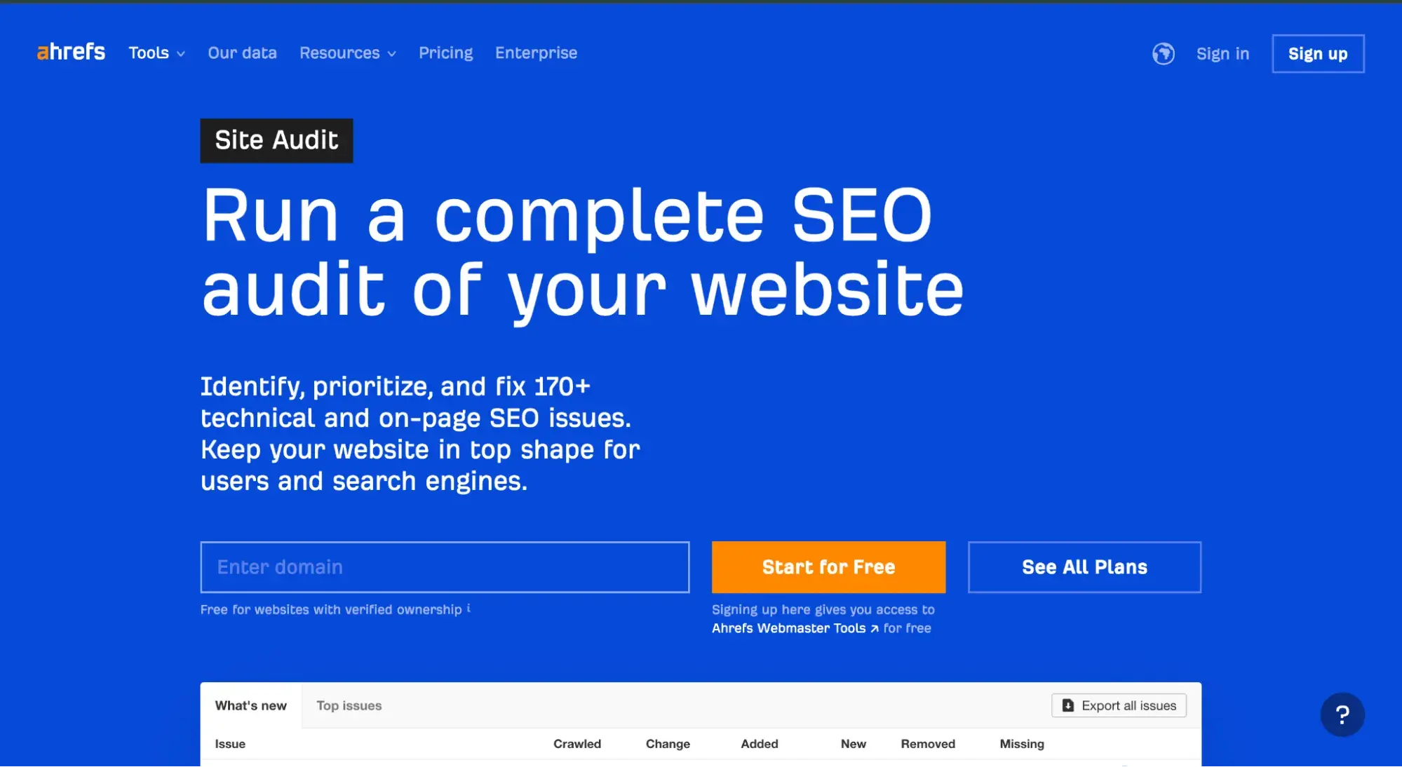 Ahrefs landing page that says, Run a complete SEO audit of your website