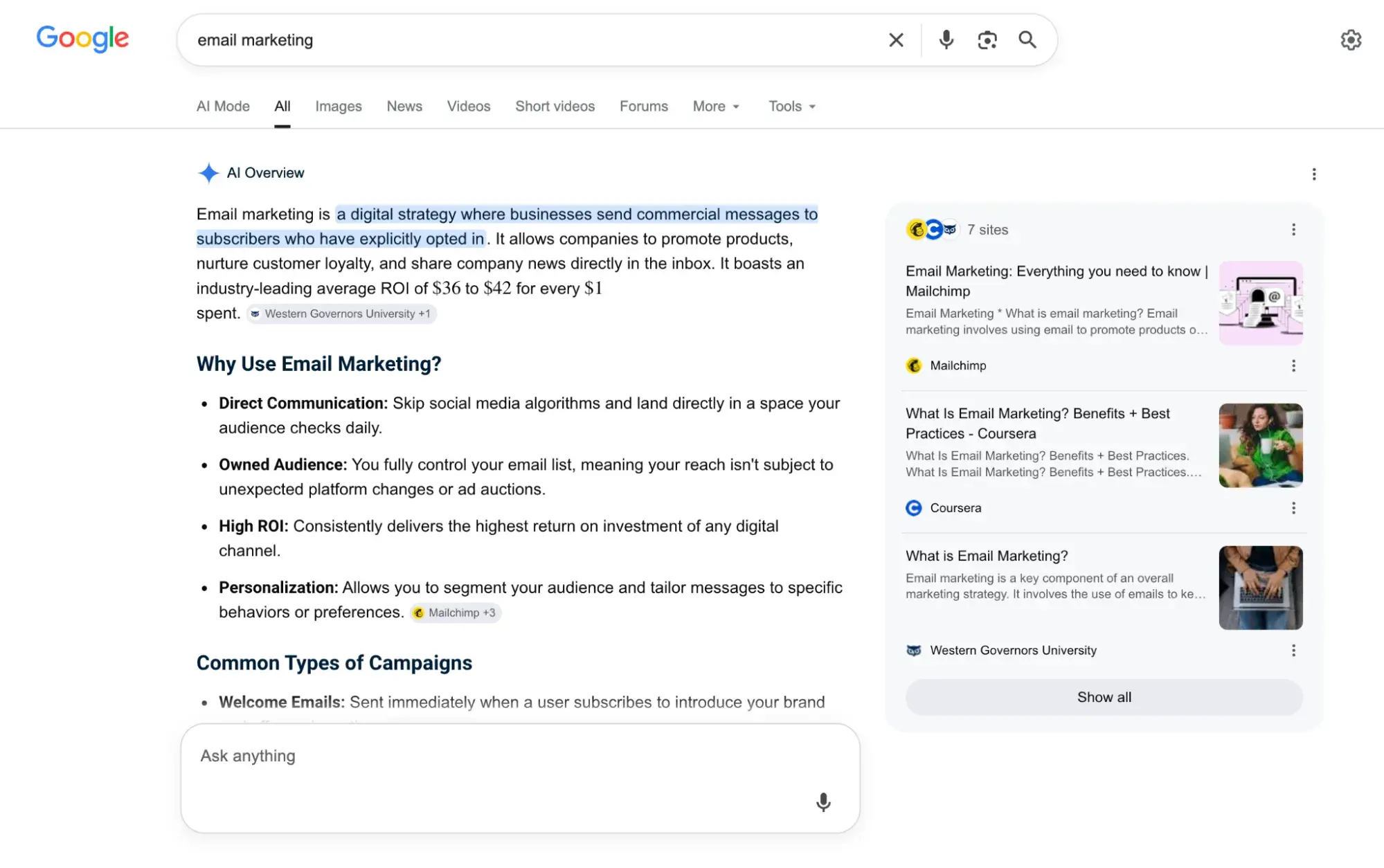 Google search results page for email marketing showing AI Overview and cited sources from multiple domains