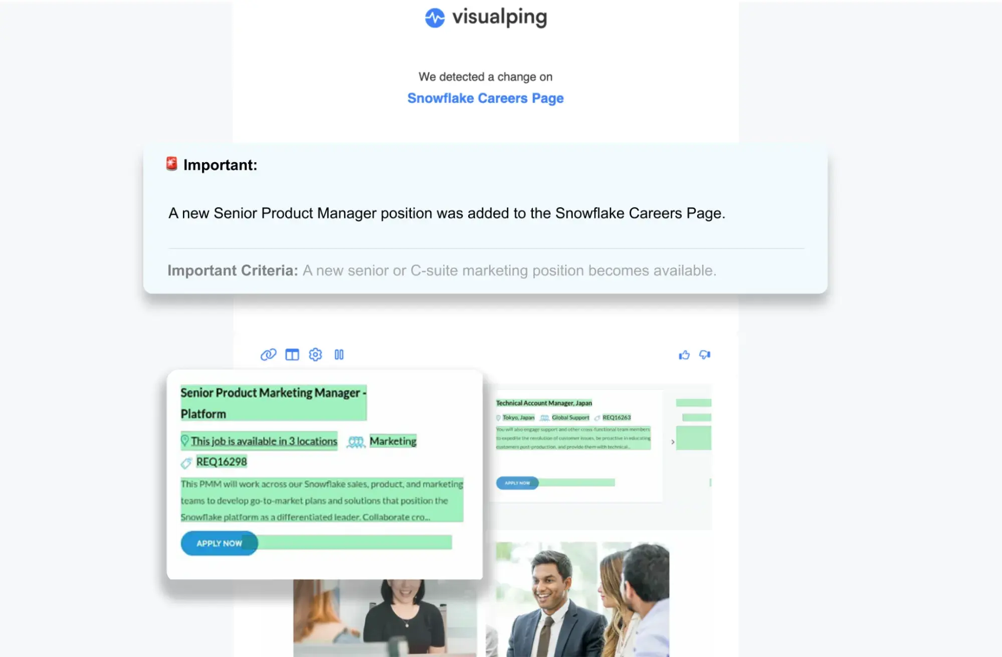 a screenshot of a visualping email alert showing a new marketing job, with an ai summary of the change.