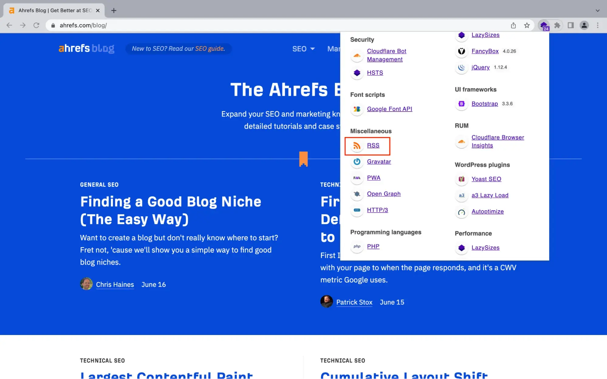 screenshot of the wappalyzer website track changes tool