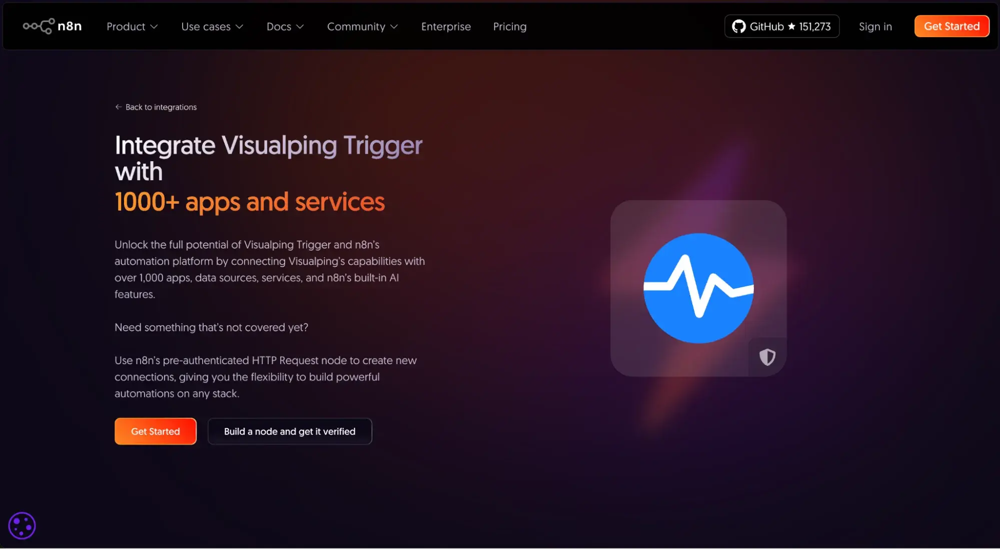 landing page for the visualping’s dedicated n8n mode