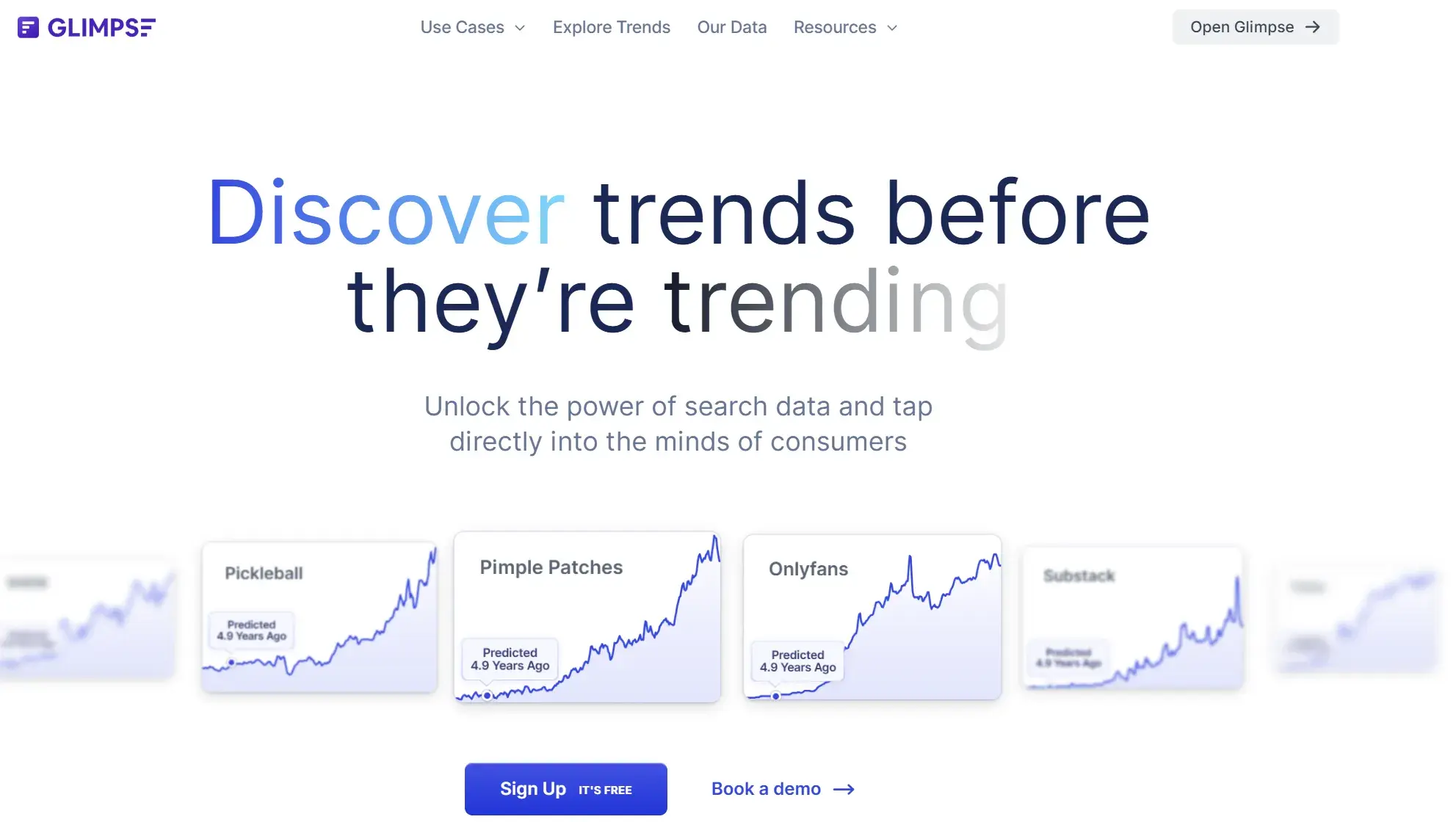 trend predictions: screenshot from Glimpse showing how Glimpse shares their USP as a tool to discover trends before theyre trending.