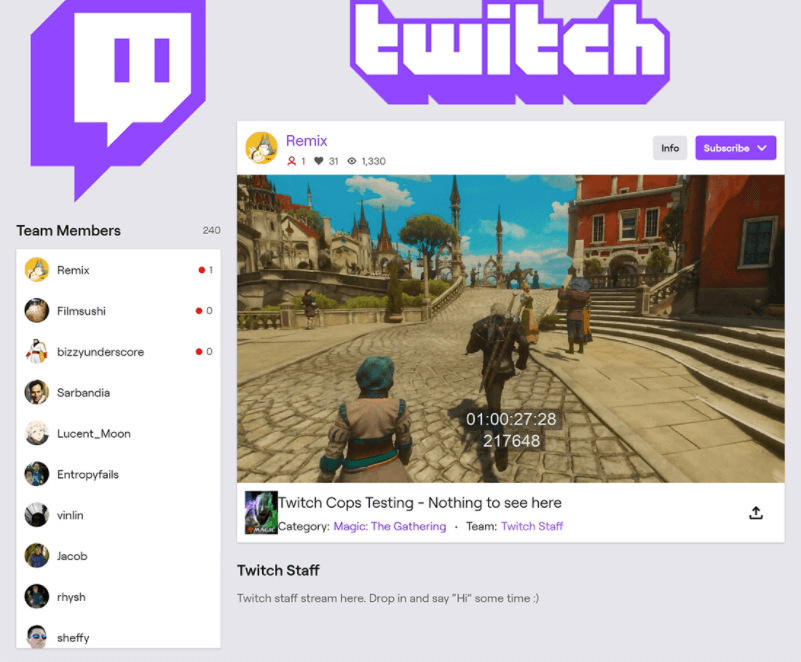 Twitch, vista de una transmisión en equipo