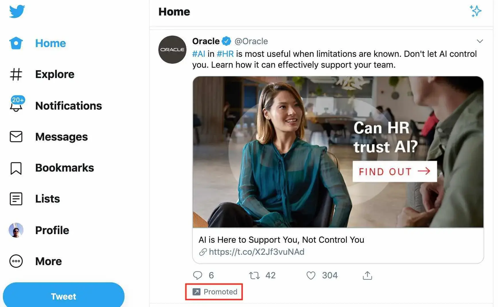 X sponsored post example from Oracle including markup on Promoted tag