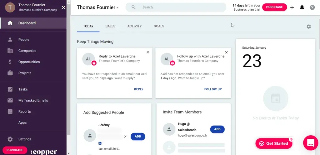 types of crm: screenshot of copper crm's dashboard
