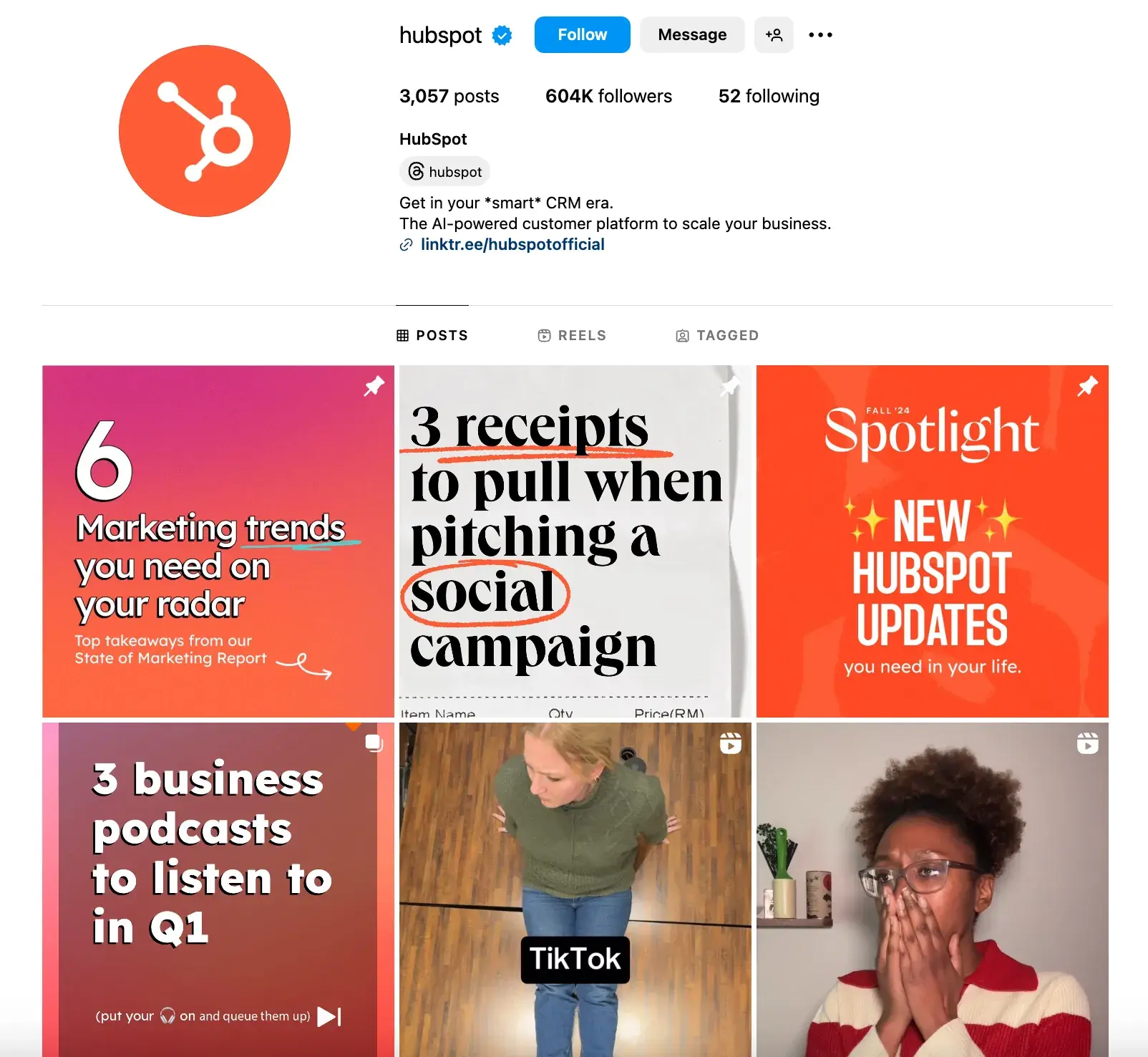 types of marketing; a screenshot of hubspots instagram account
