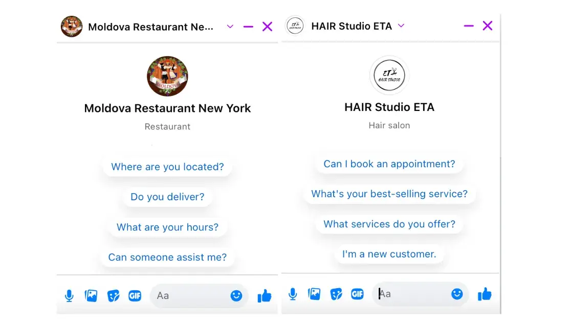 facebook messenger support C restaurant and hair salon examples