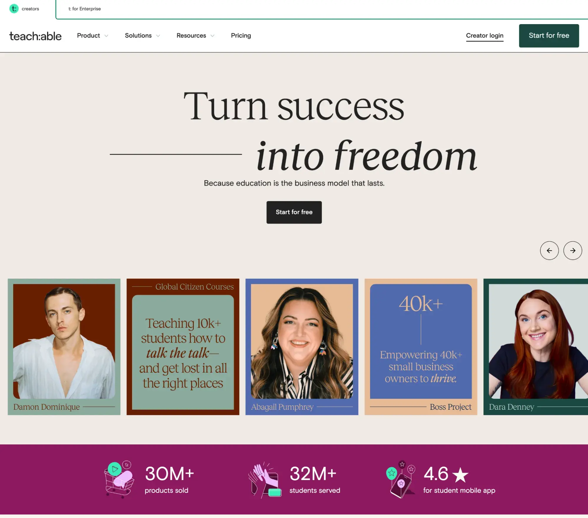 educational website example from teachable