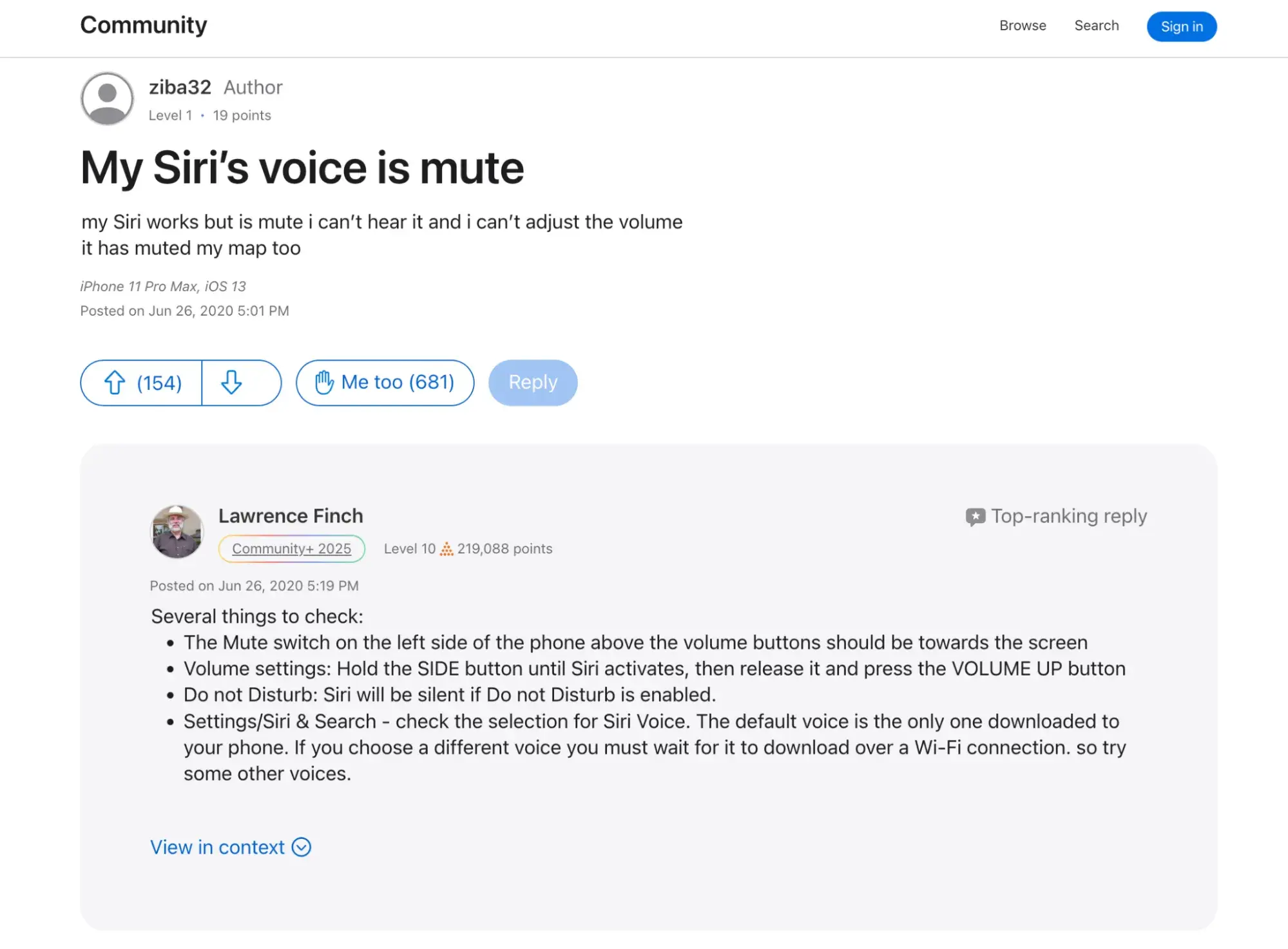 example of forum website from apple showing a question about siri submitted by a user and an answer posted by a community member