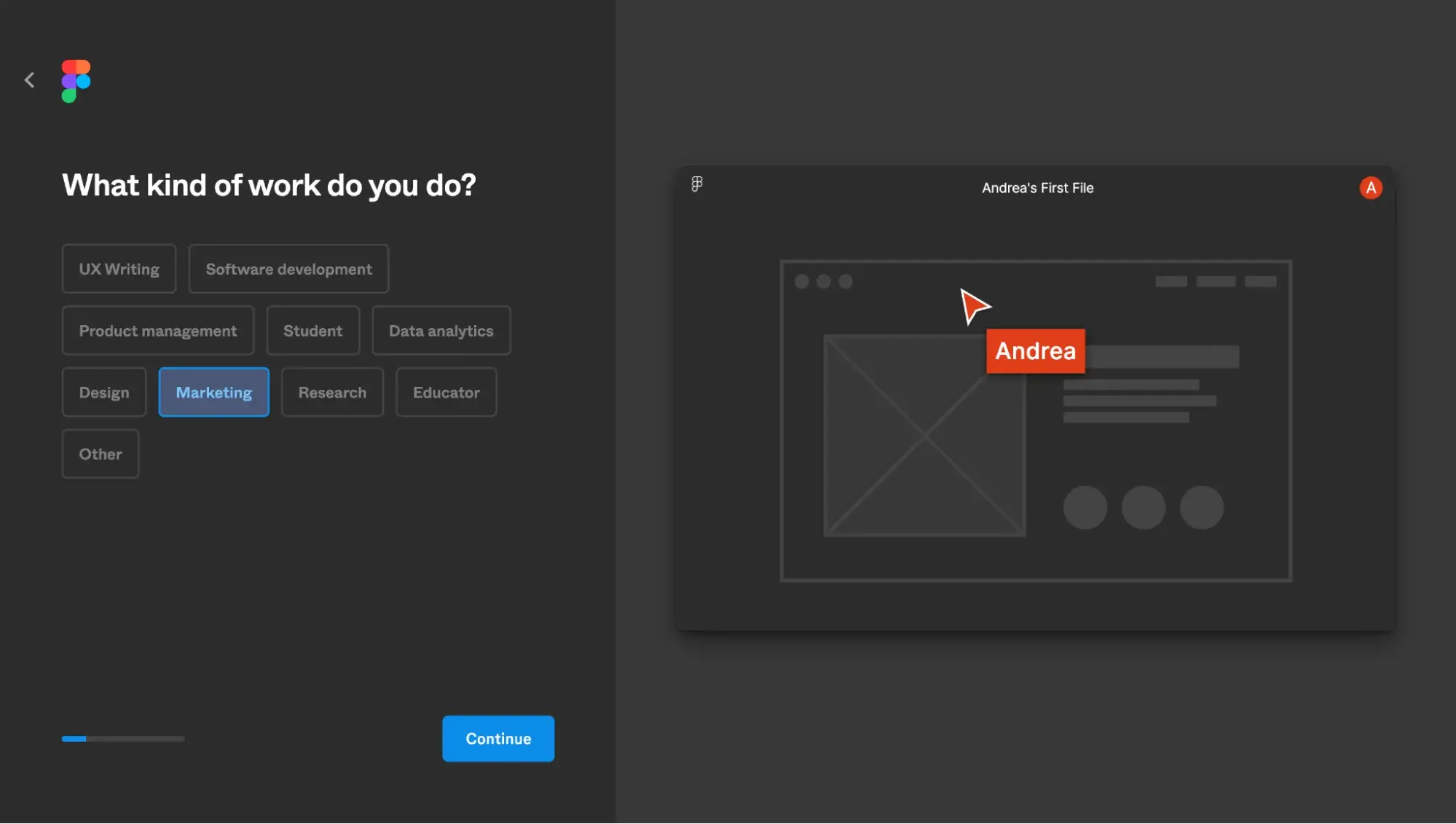 ui design of figma’s onboarding flow, which asks, “what kind of work do you do?”