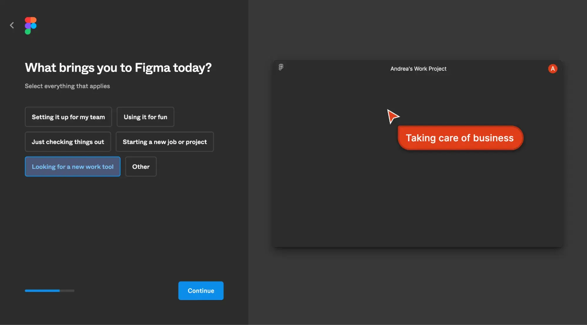 figma’s onboarding flow asking, “what brings you to figma today?”