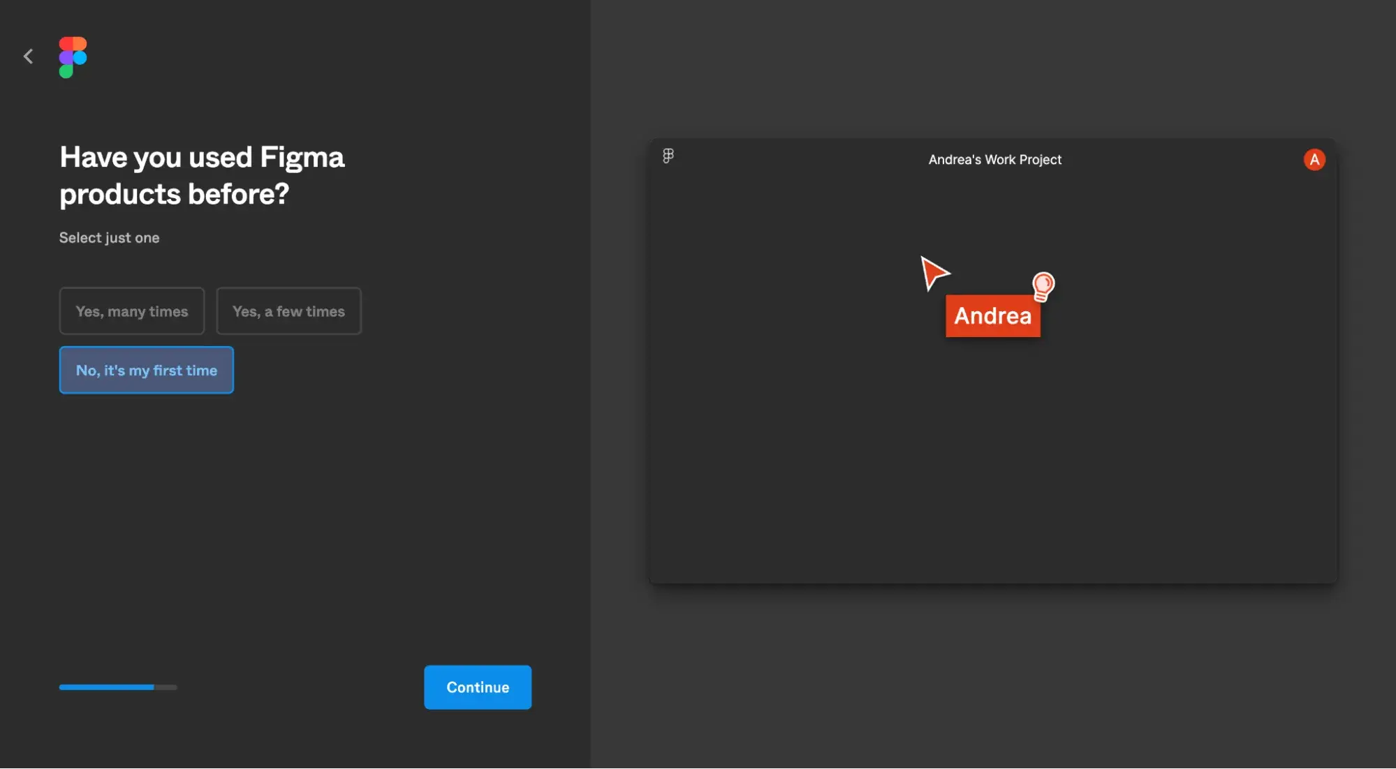 figma’s onboarding flow asking, “have you used figma products before?”