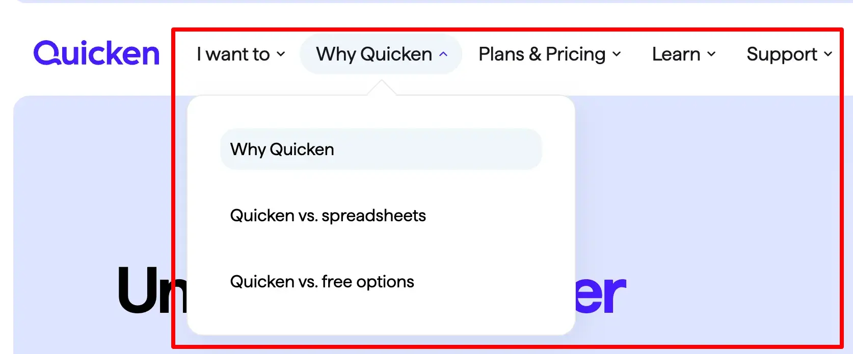 ui design elements: menus on the quicken website, including a dropdown menu