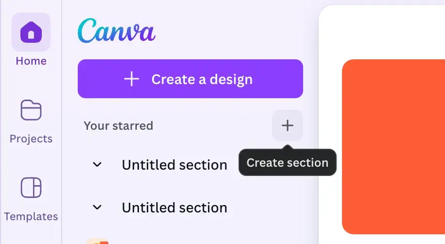 ui design elements: a tooltip in canva that says, “create section”