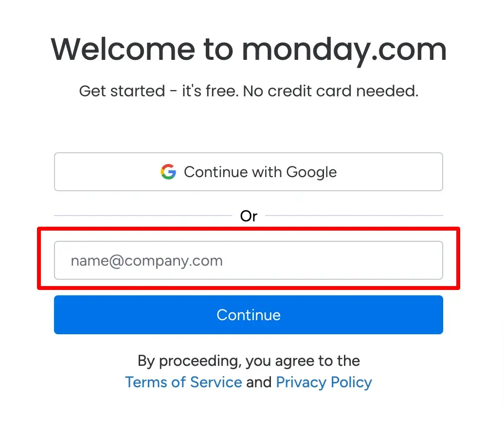 ui design elements: a text field on monday.com’s signup page reads, “name@company.com”