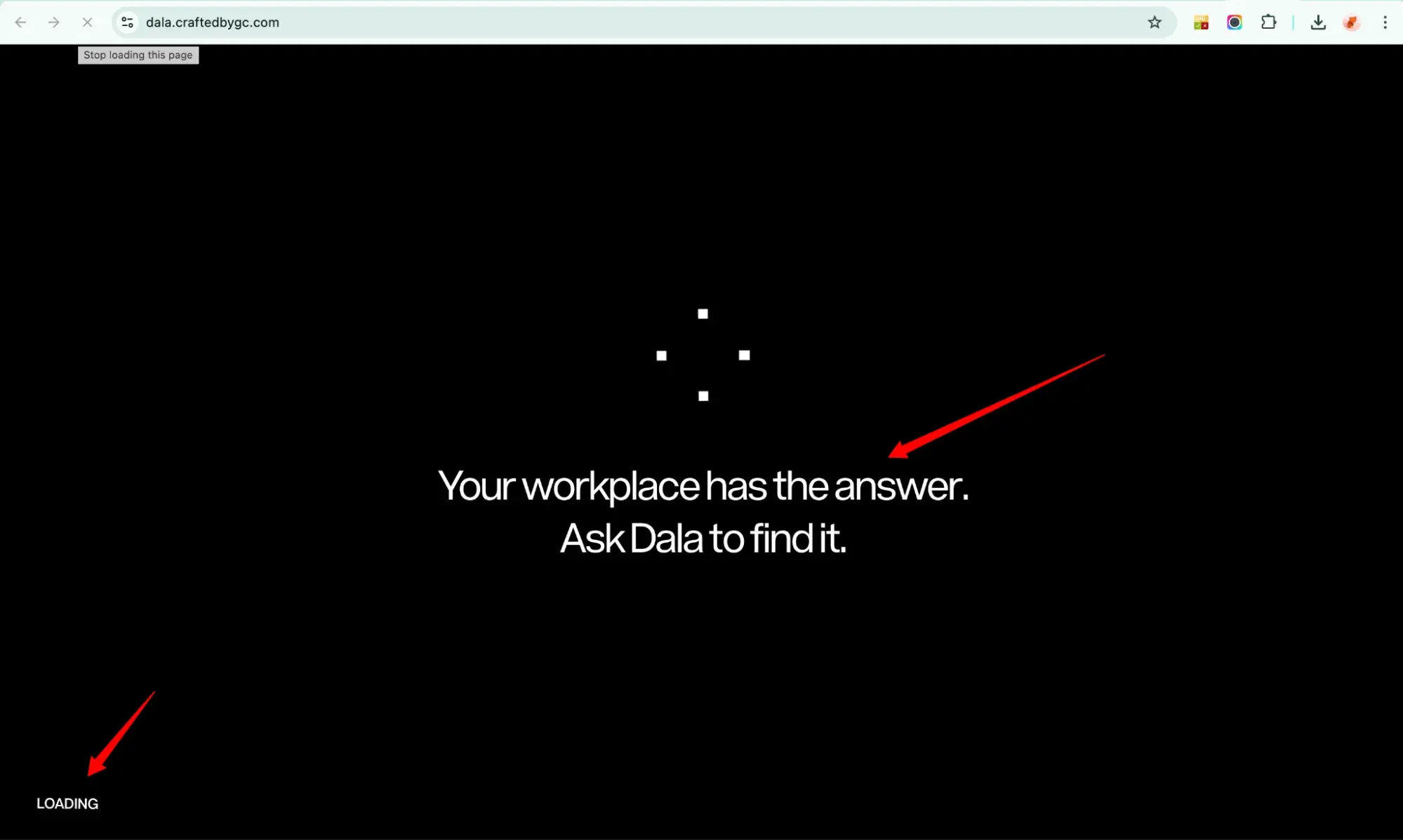 ui design of the dala website showing a loading page