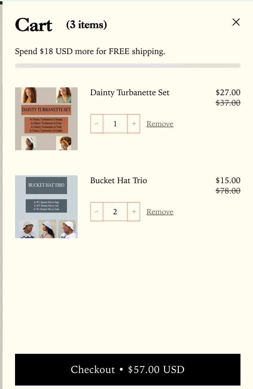 ui design of the wrap life shopping cart with a progress bar showing that the user must spend $18 more to achieve free shipping