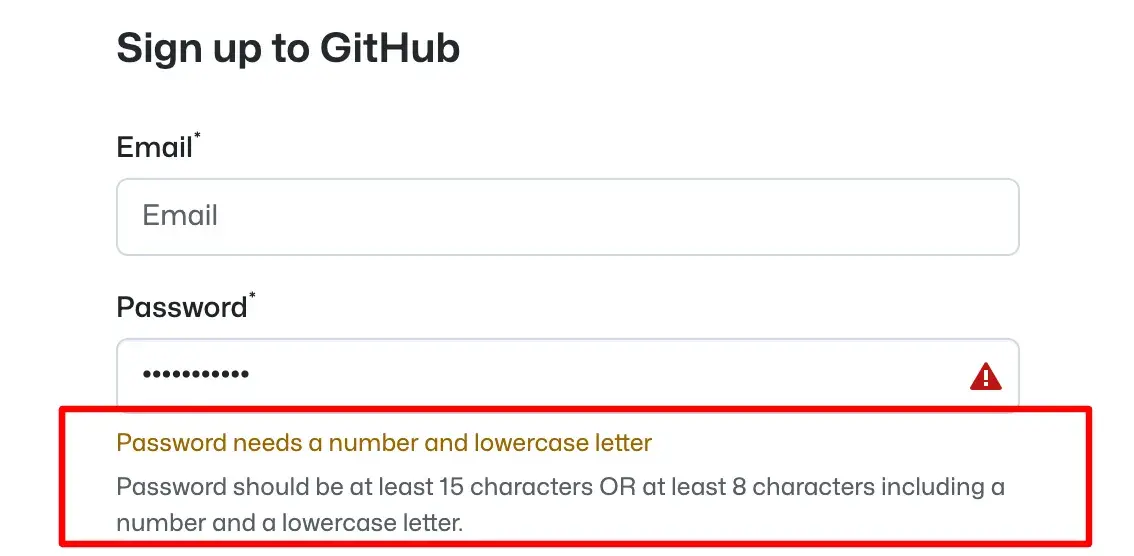 github signup page with a message stating, “password needs a number and lowercase letter”