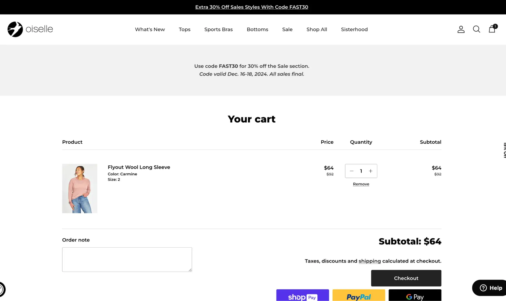 oiselle’s ui design of its shopping cart page, which displays the discount code in two areas