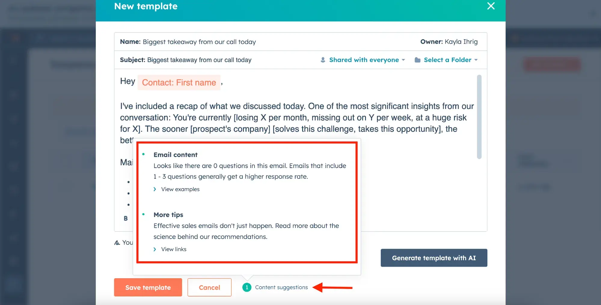 email suggestions with hubspots free email template tool