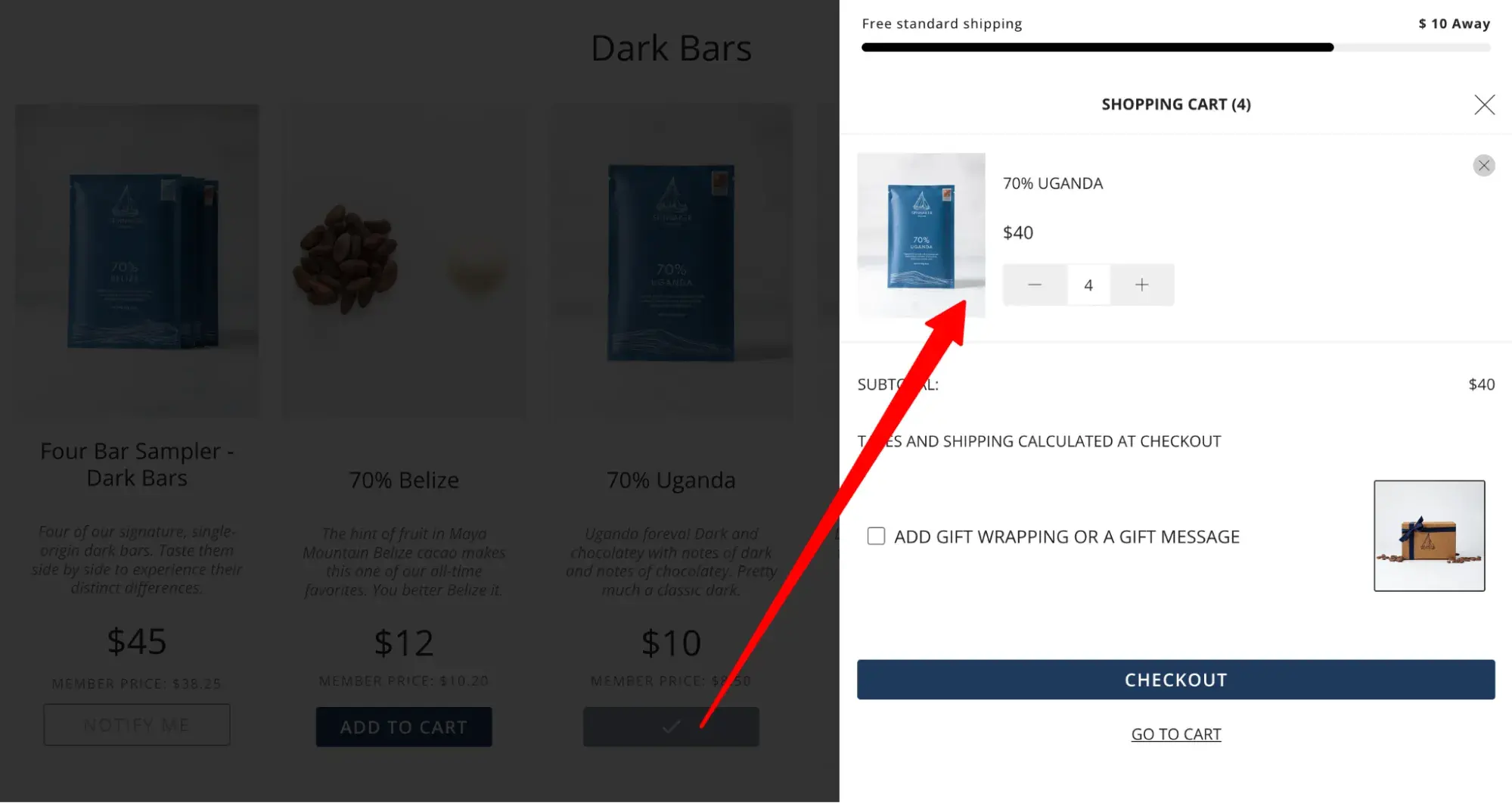 heuristic principles example of visibility of system status: spinnaker chocolates shopping cart shows subtotal and a free shipping progress bar
