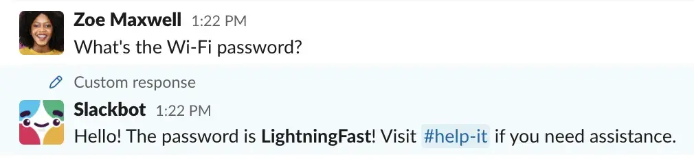 usability heuristics example of help and documentation: slackbot sends a message to the user to help her access the wifi