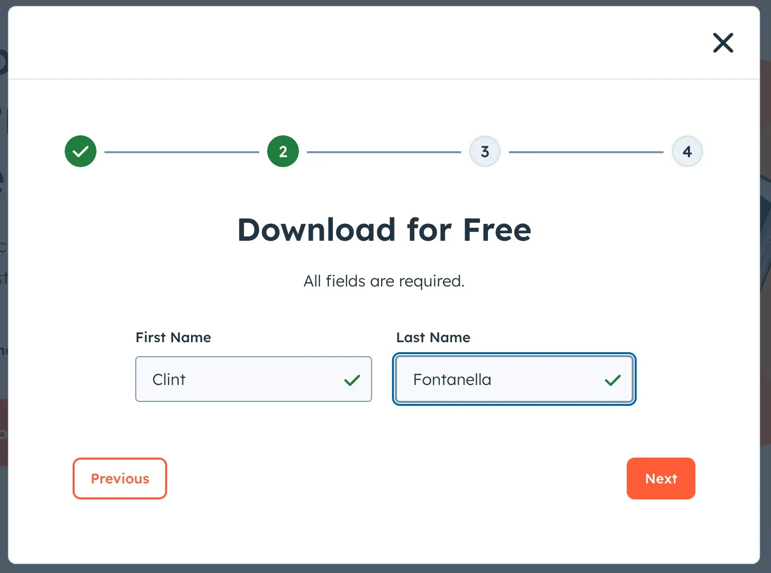 usability heuristics example of consistency and standards: a hubspot form shows two fields: first name and last name. both fields are filled and have a green checkmark.
