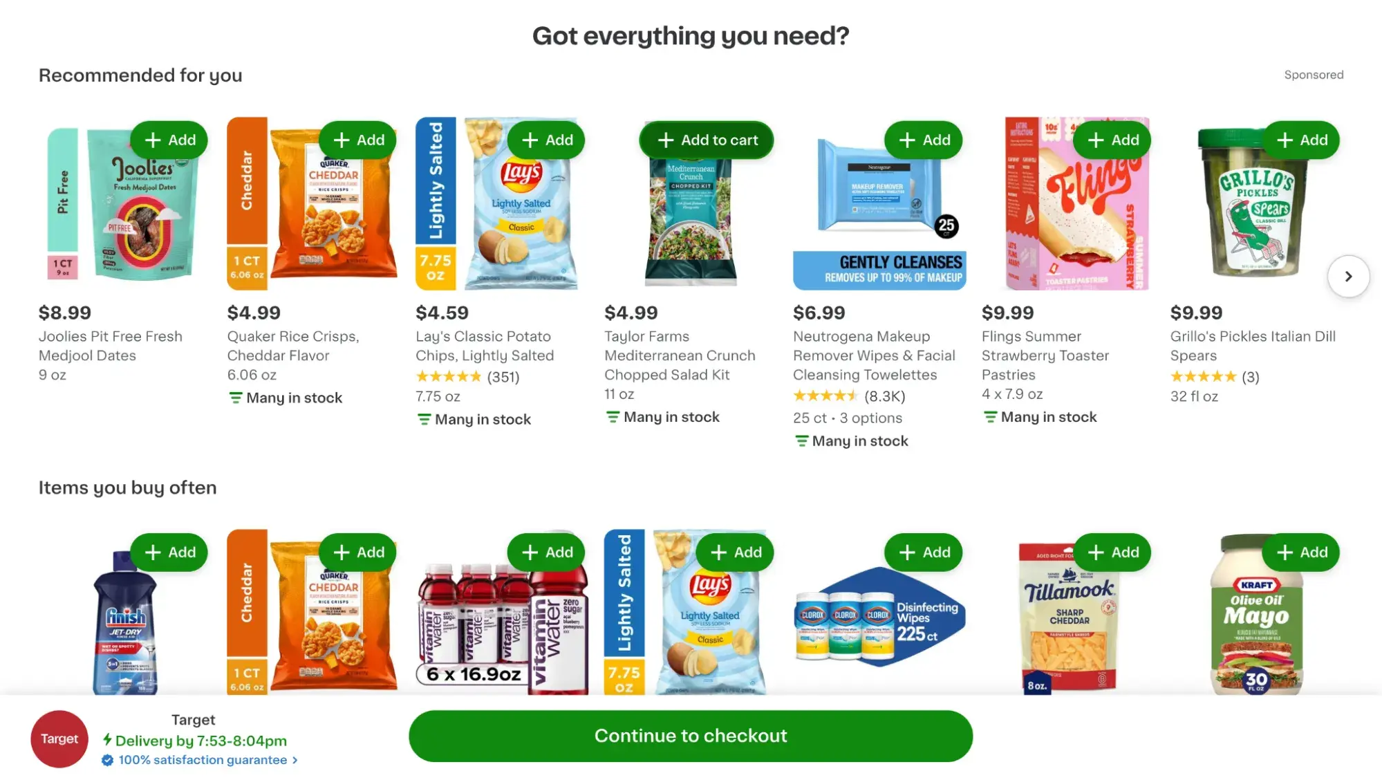 usability heuristics example of recognition rather than recall: instacarts checkout flow includes a screen showing previously purchased and recommended items