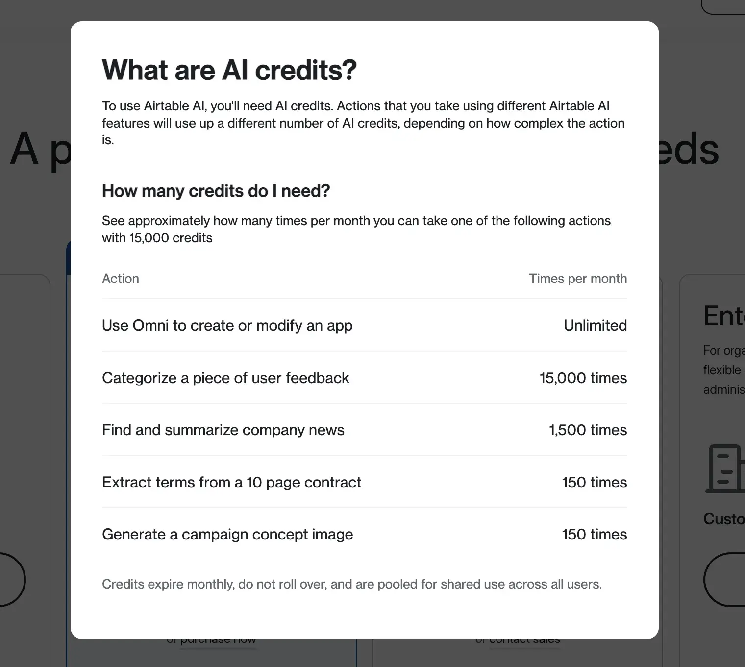 credit-based pricing breakdown on airtable showing ai credit costs per action, including app creation, feedback categorization, and news summarizationhttps://airtable.com/pricing
