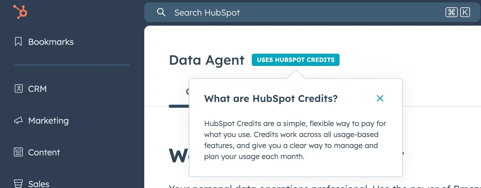 hubspot platform showing data agent with credit-based pricing label and tooltip explaining how credits work