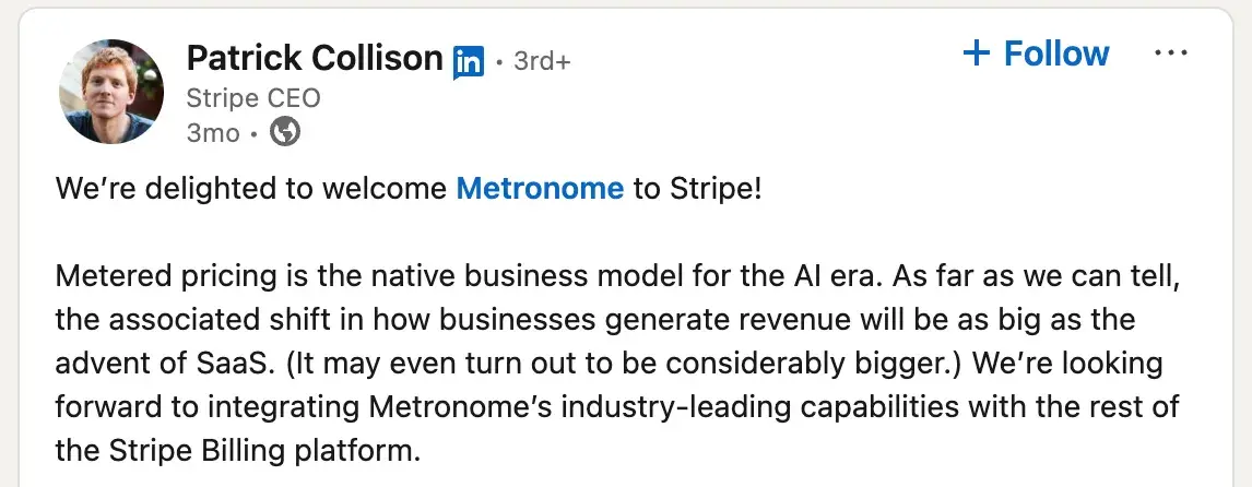 linkedin post from stripe ceo patrick collison calling metered pricing the “native business model for the ai era”
