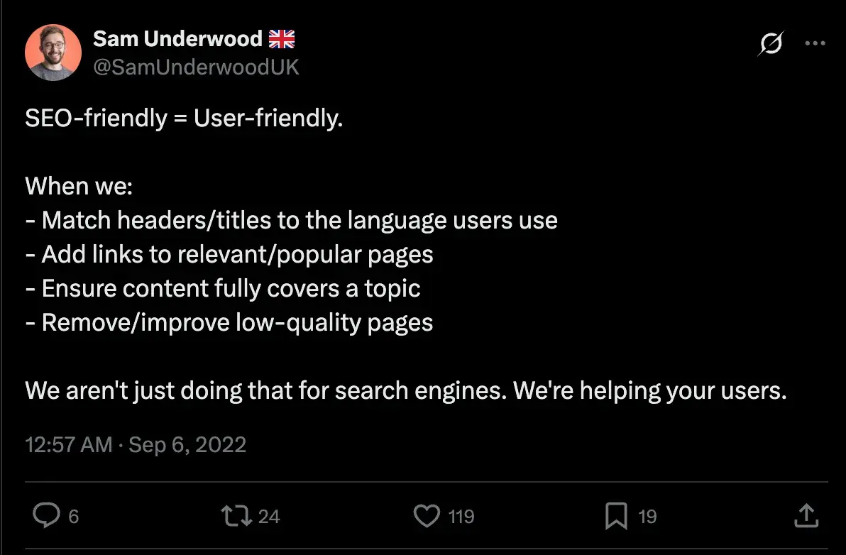 a post on x by @samunderwooduk reads: seo-friendly = user-friendly and gives tips for seo- and user-friendly content.