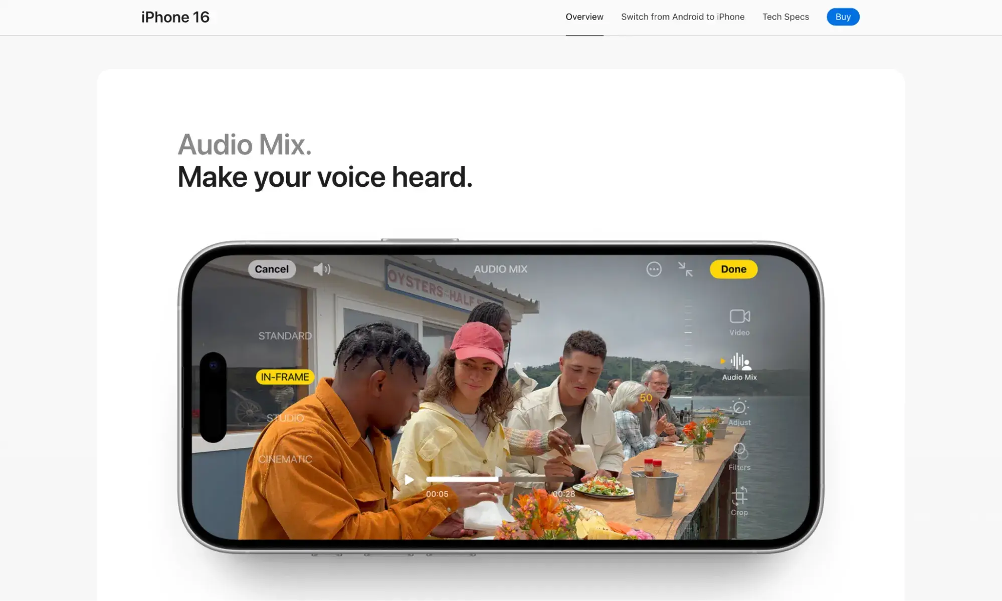 apples iphone 16 page reads audio mix. make your voice heard. below that is an image of the iphone showing the audio mix features.