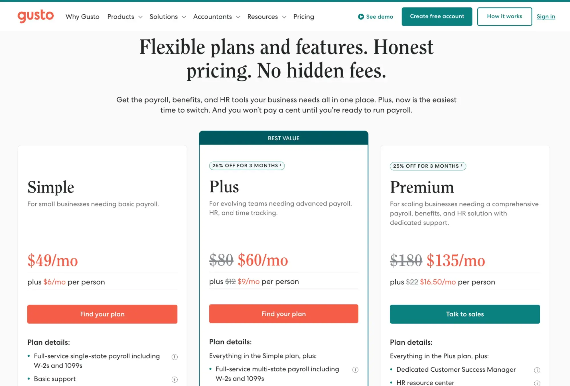 gustos pricing page highlights its plus plan, which is one of three plans shown