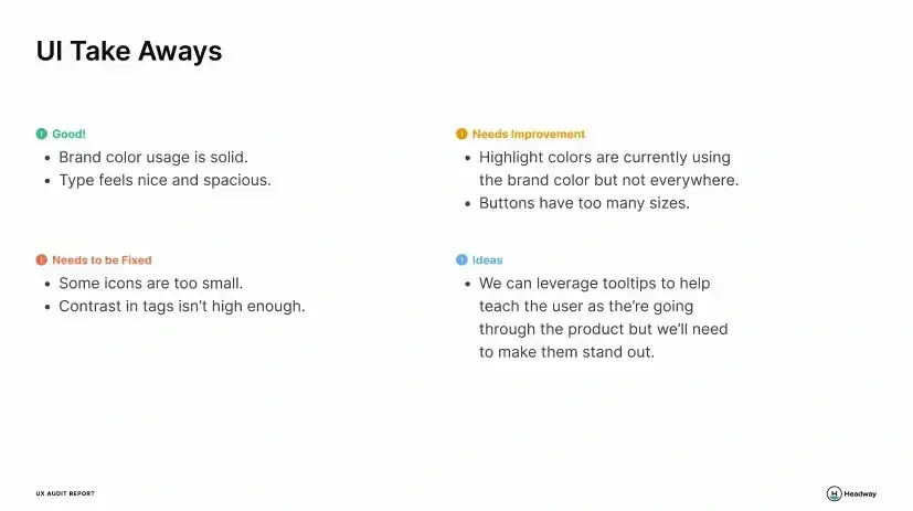 ux audit report ui takeaways section