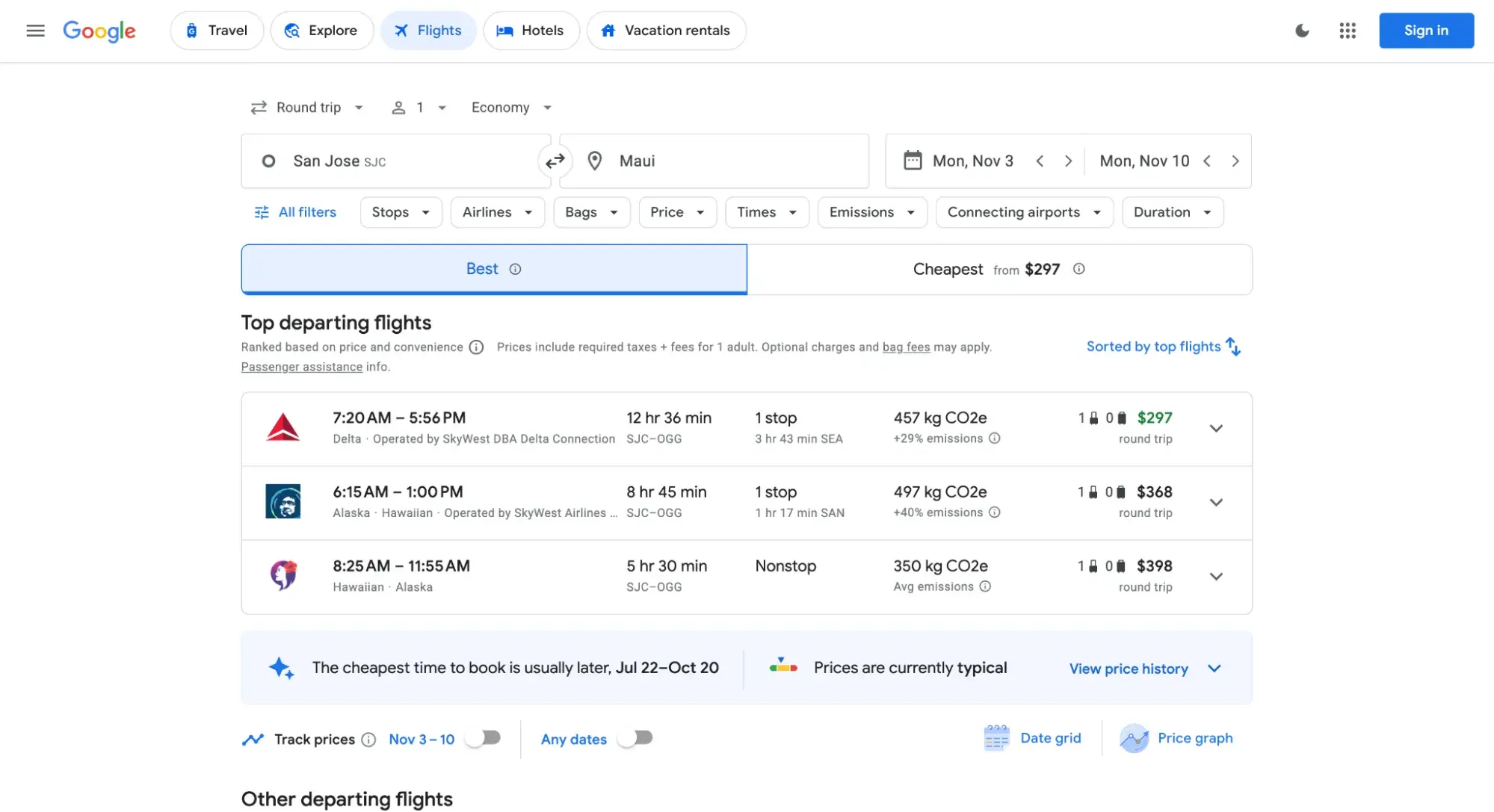 ux examples: google flights results